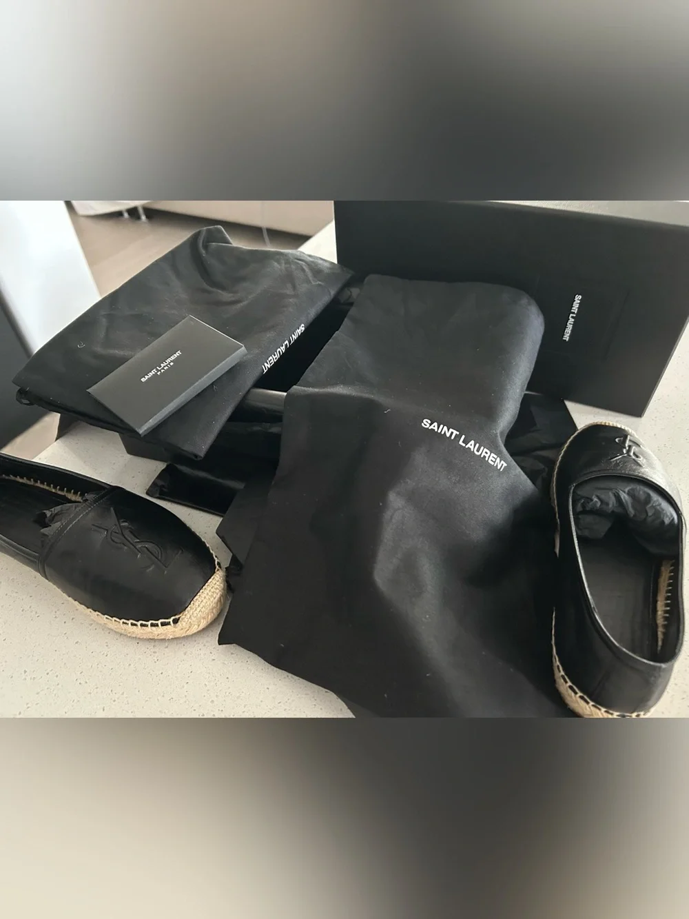 Saint Laurent Black Leather Espadrille Loafers with Jute Trim
